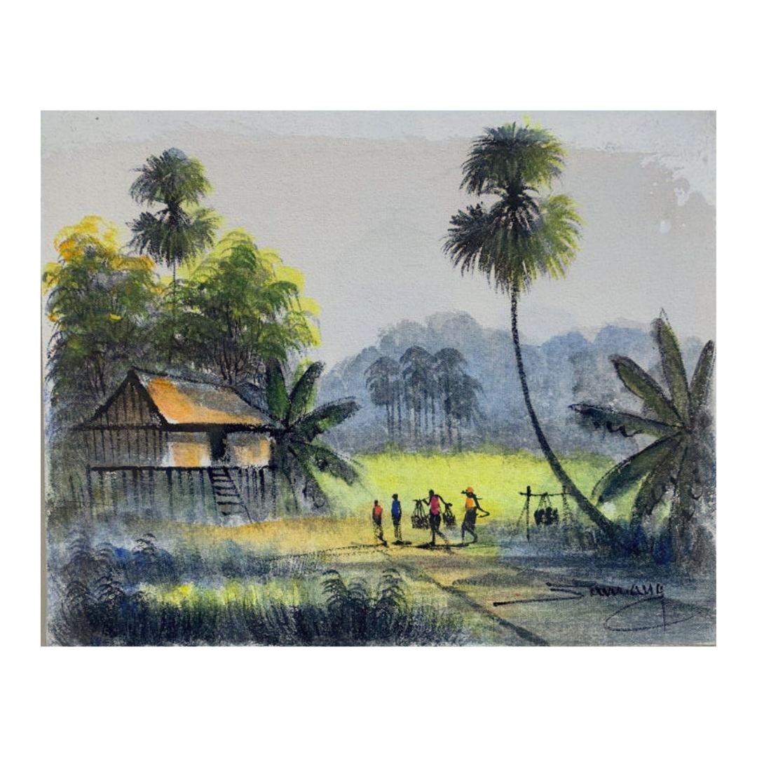 Peinture sur Toile "Retour Paisible: Campagne et Forêt" 20x25cm