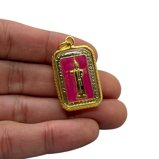 Amulette Thaï en verre 5 lignes couleur doré et rouge