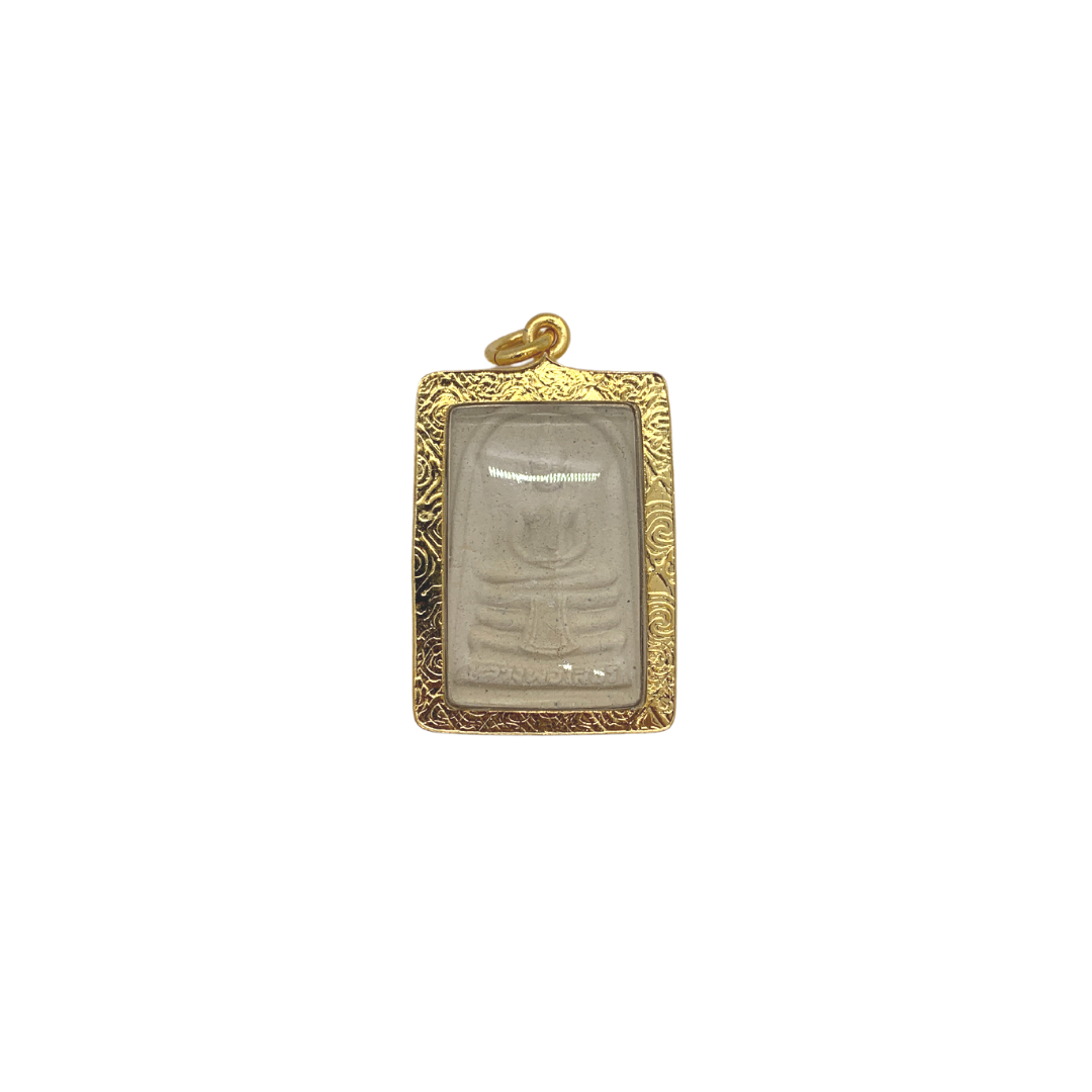 Grance amulette Thaï en verre Bouddha position Dhyani mudra couleur doré et blanc
