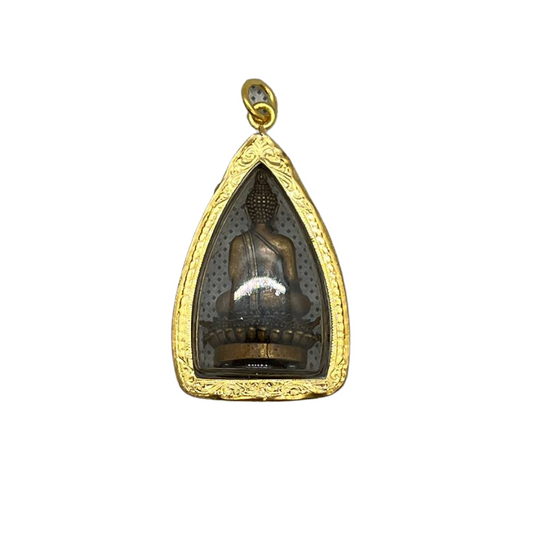 Amulette Thaï en verre Bouddha posture Bhumisparsha mudra couleur bronze