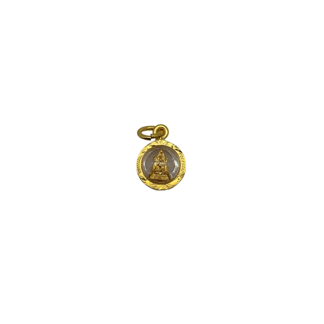 Amulette Thaï en verre ronde Bouddha position Bhumisparsha mudra couleur doré
