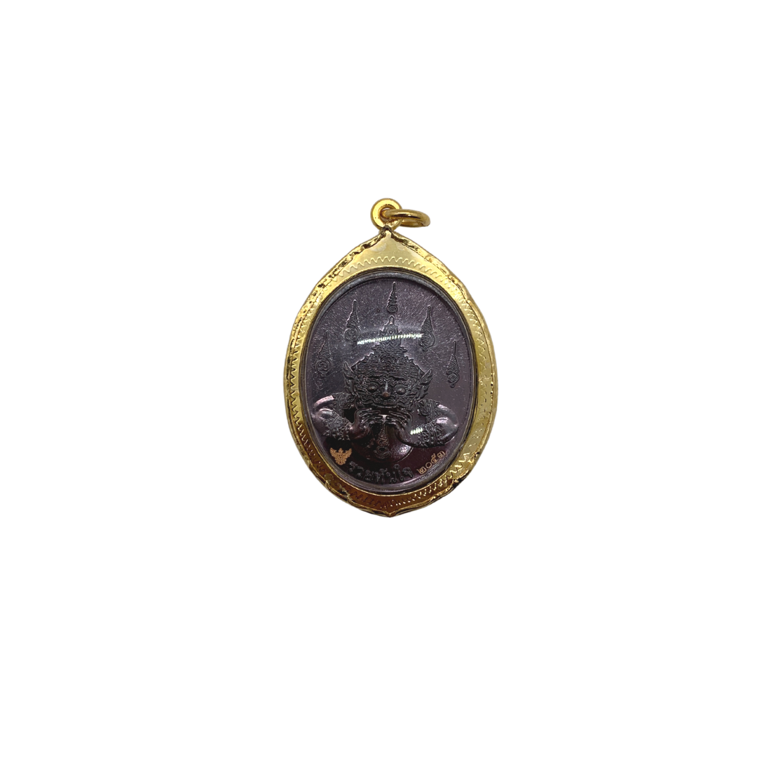 Amulette Thaï ovale en verre Garuda couleur bronze et doré
