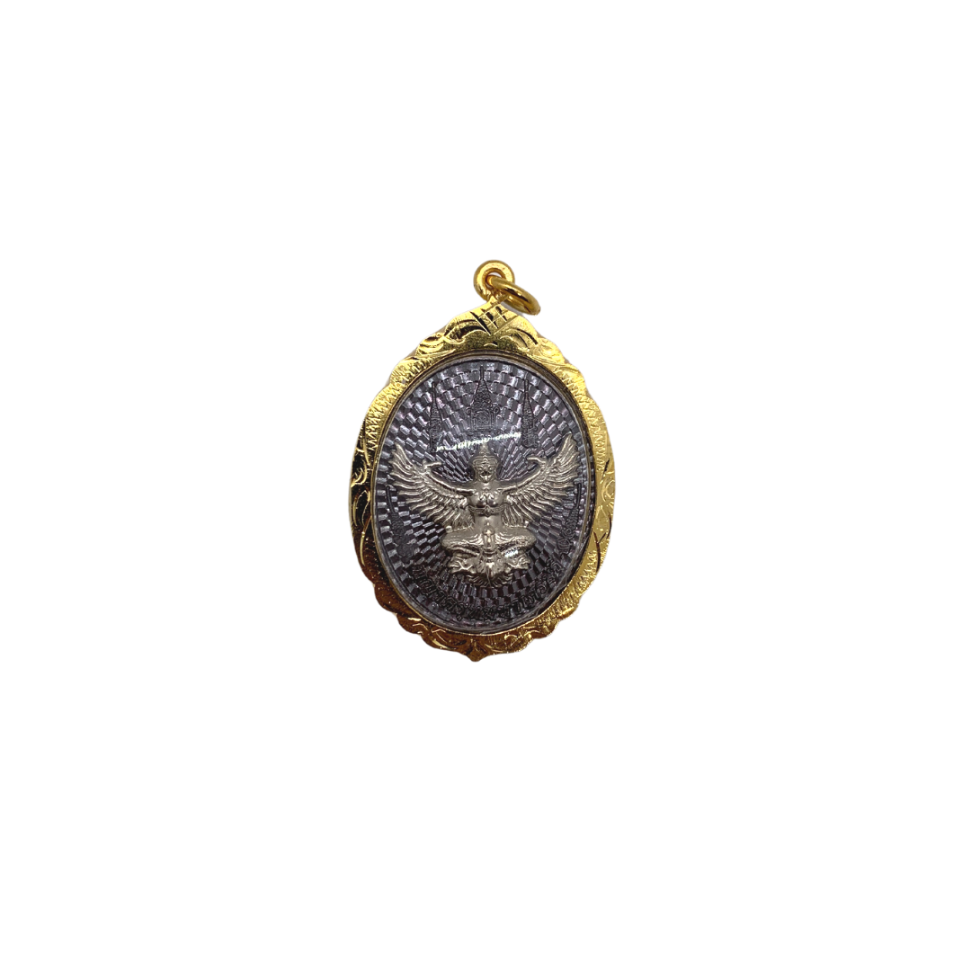 Amulette Thaï ovale en verre Garuda couleur bronze et doré