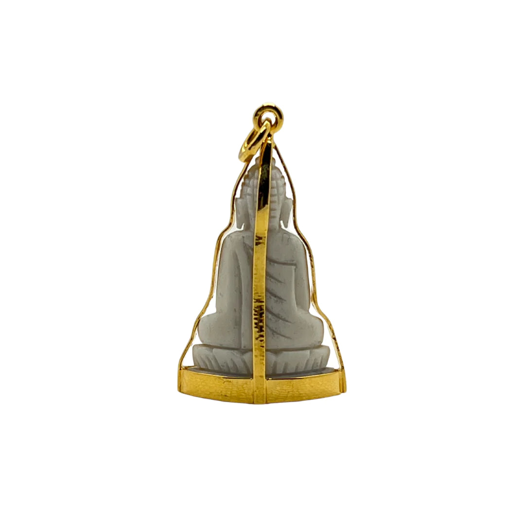 Grand Pendentif Bouddha en posture Dhyana Mudra style Ivoire et serti en argent doré