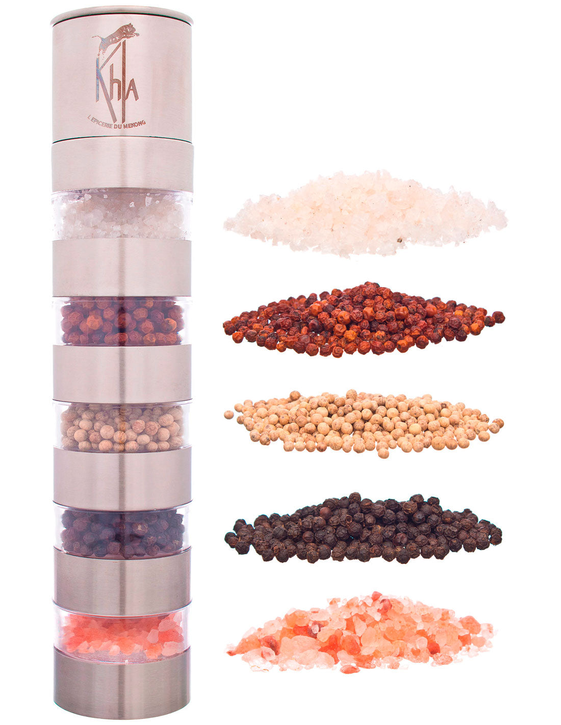 COFFRET Moulin Découverte (Poivres de Kampot noir 20g - rouge 20g - blanc 20g - Sel de Kampot 20g - Sel de l'Himalaya 20g) - Premium