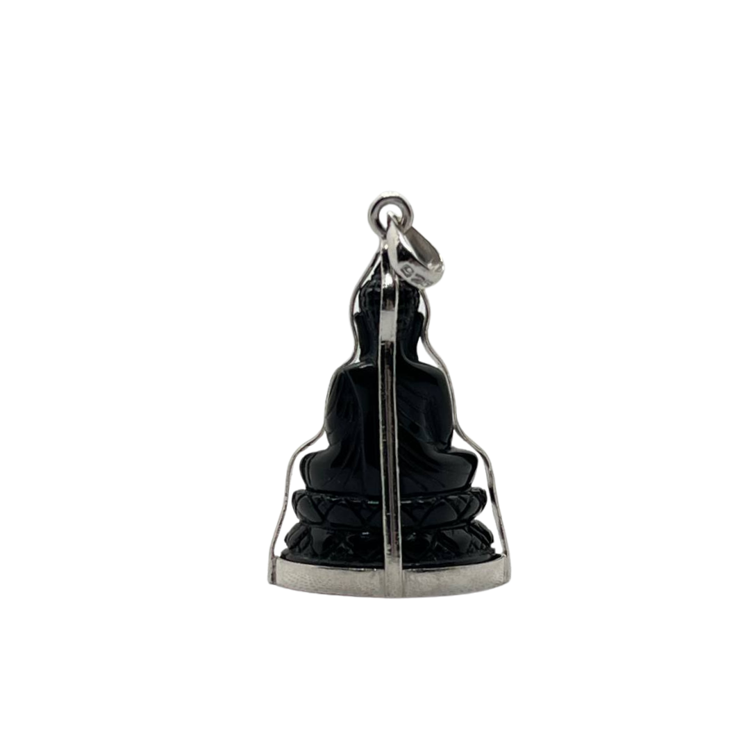 Pendentif Bouddha en posture Bhumisparsa Mudra Onyx et Argent