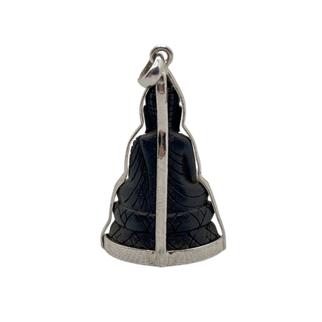 Grand Pendentif Bouddha en posture Bhumisparsha mudra en Argent et bois