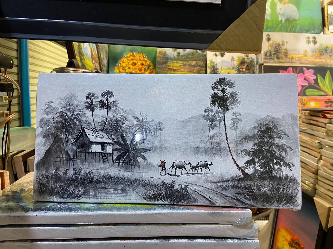 Tableau Village rural Agriculteur et ces deux vaches 40 x 20 cm Noir et Blanc (avec châssis)