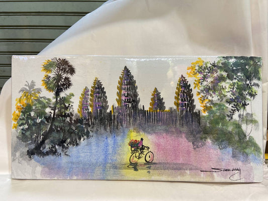 Tableau Un livreur en vélo à Angkor 40 x 20 cm (avec châssis)