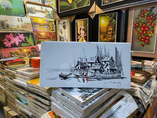 Tableau Maison sur Tonlé Sap 40 x 20 cm Noir et Blanc (avec châssis)