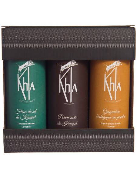 COFFRET Trio d'Asie Essentiel (poivre noir de Kampot120g-fleur de sel de Kampot 150g-gingembre bio 90g)