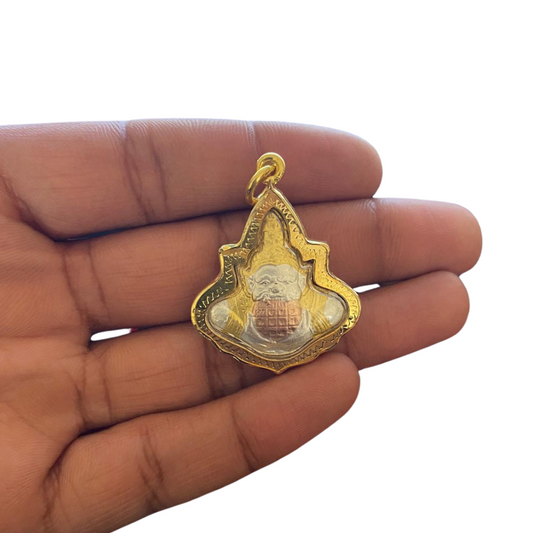 Amulette Thaï en verre Râhu dieu de l'éclipse couleur or, argent et rose doré