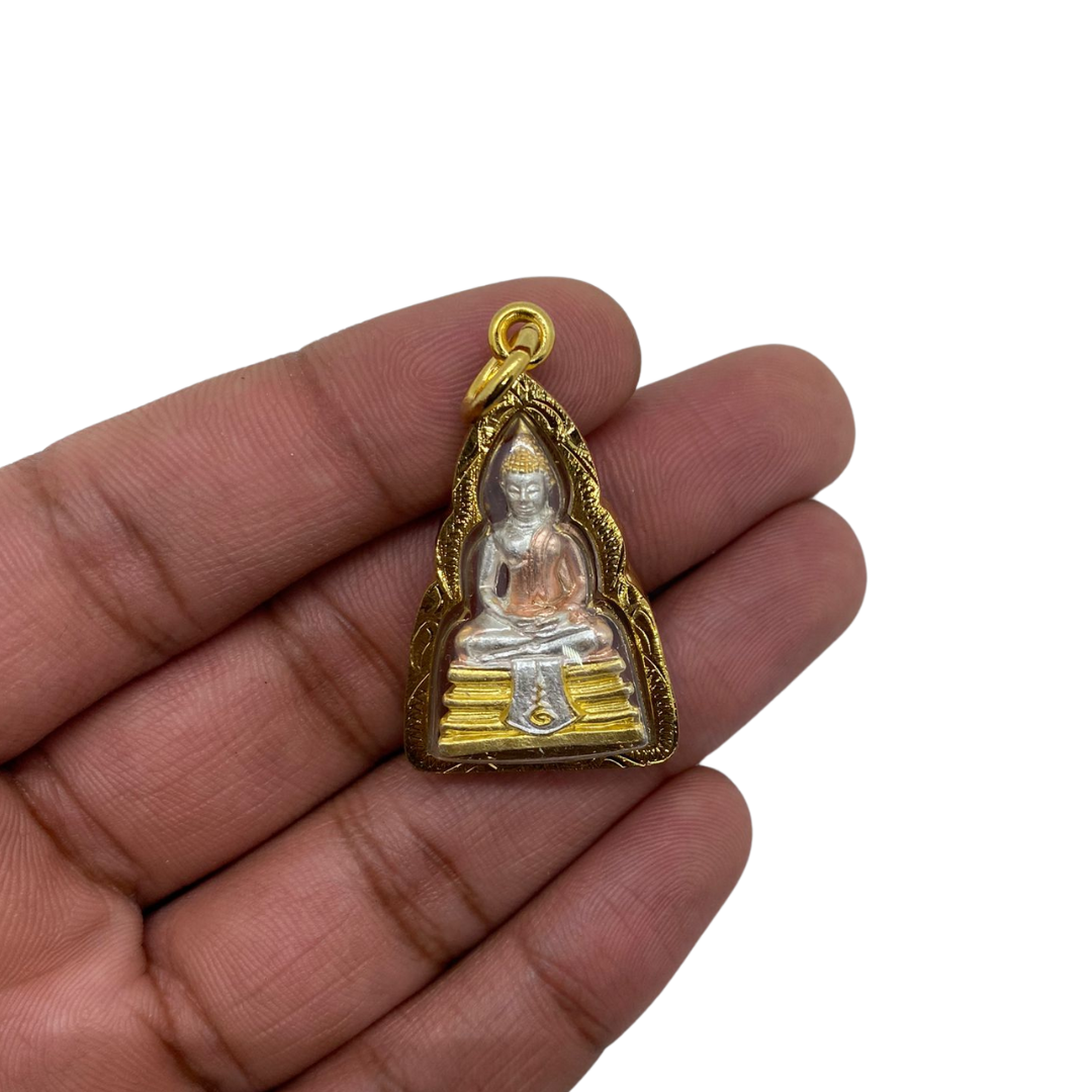 Amulette en verre Bouddha Thaï/Khmer couleur or, argent et rose doré