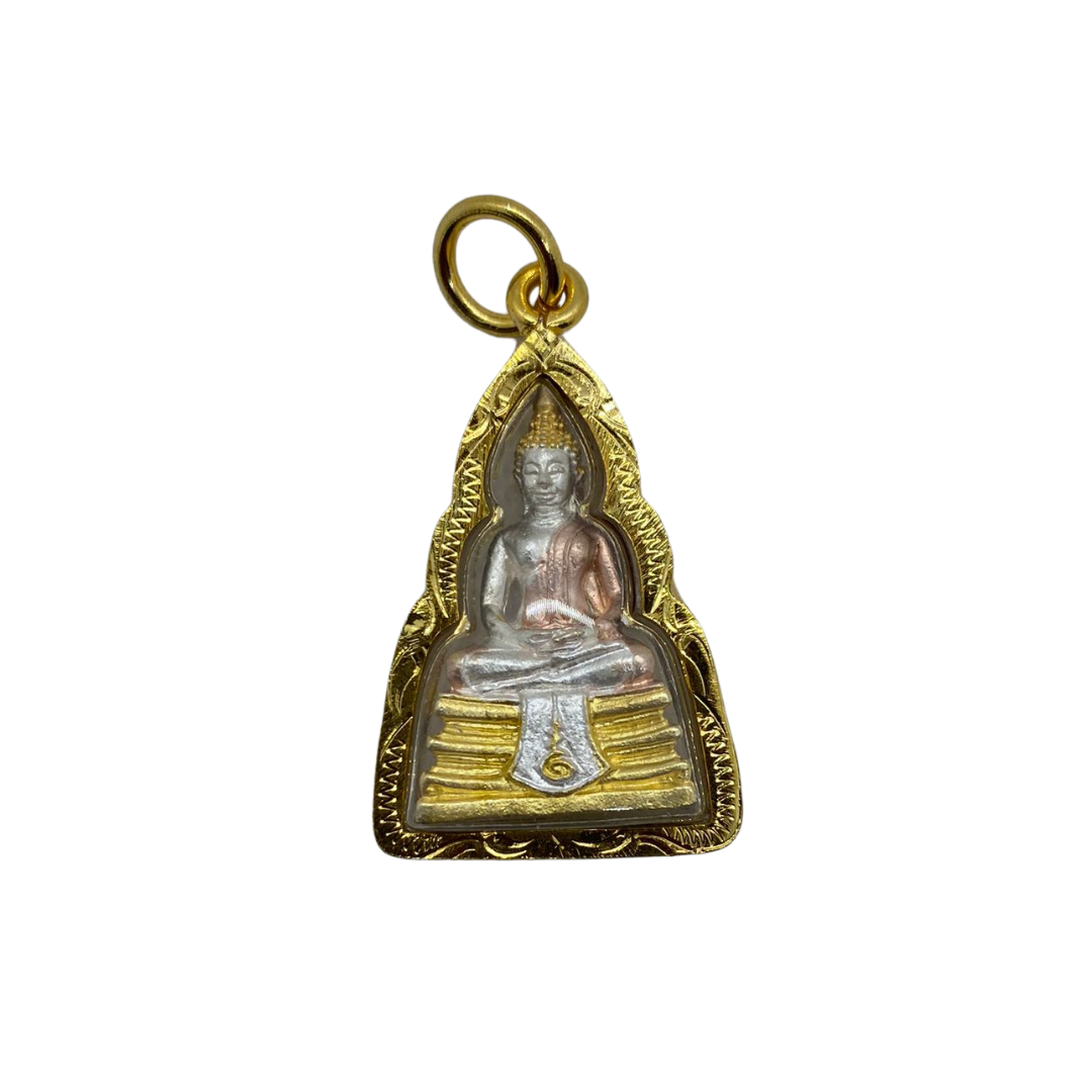 Amulette en verre Bouddha Thaï/Khmer couleur or, argent et rose doré