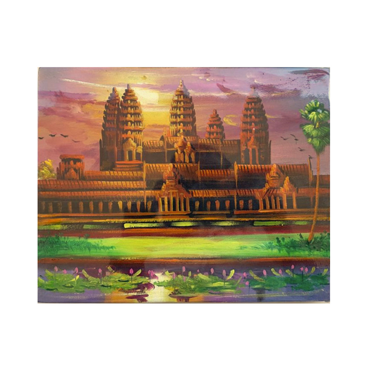 Peinture sur Toile "Crépuscule Nuancé à Angkor Wat" 20x25cm