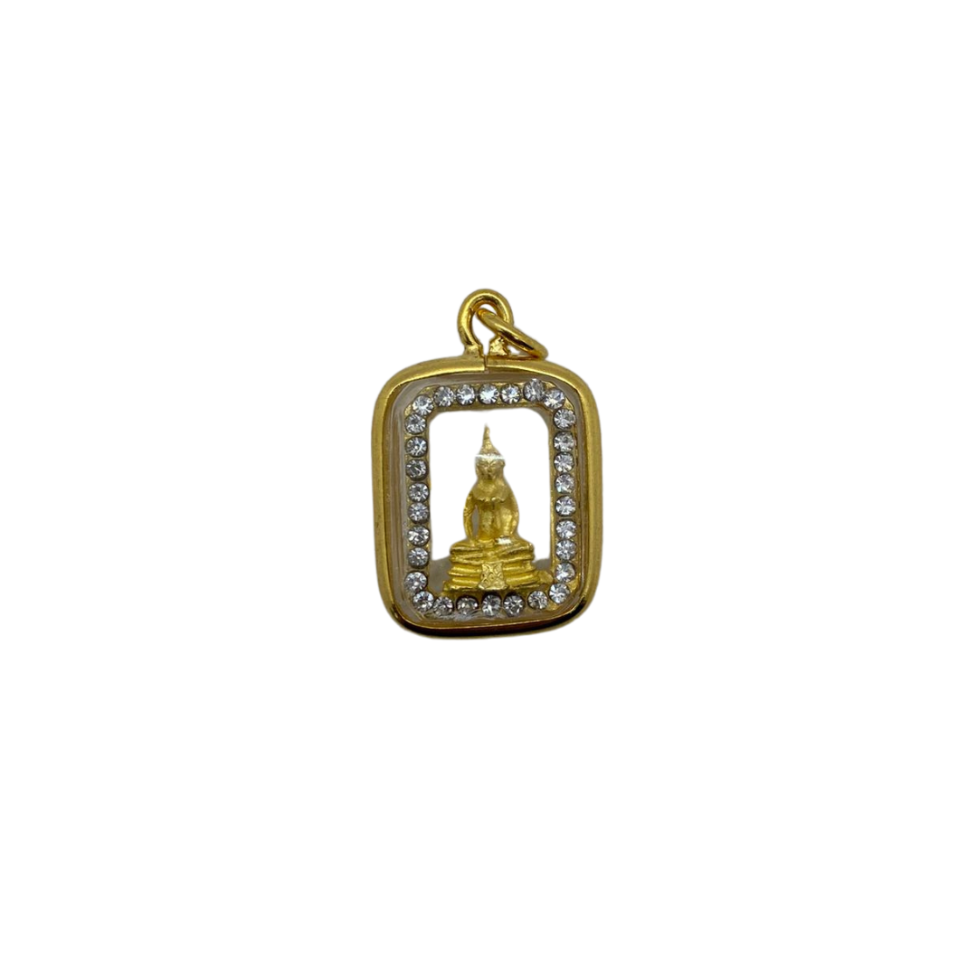 Petite amulette Thaï transparente en verre Bouddha position Dhyana mudra couleur doré scintillant