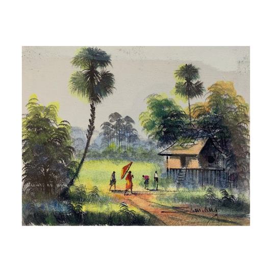 Peinture sur Toile "La Visite du Bonze : Moments d'Échange" 20x25cm