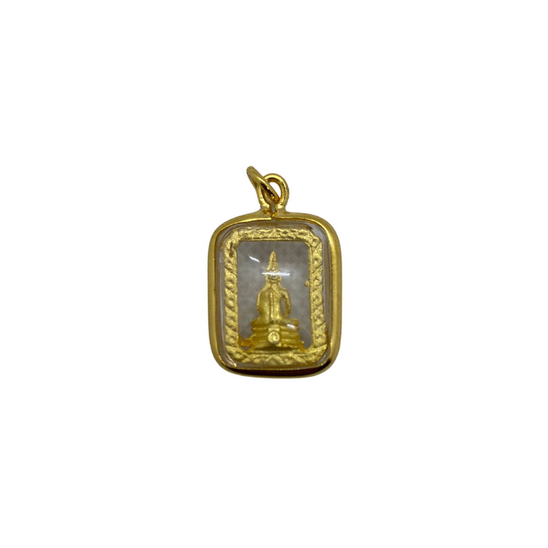 Petite amulette Thaï transparente en verre Bouddha position Dhyana mudra couleur doré scintillant