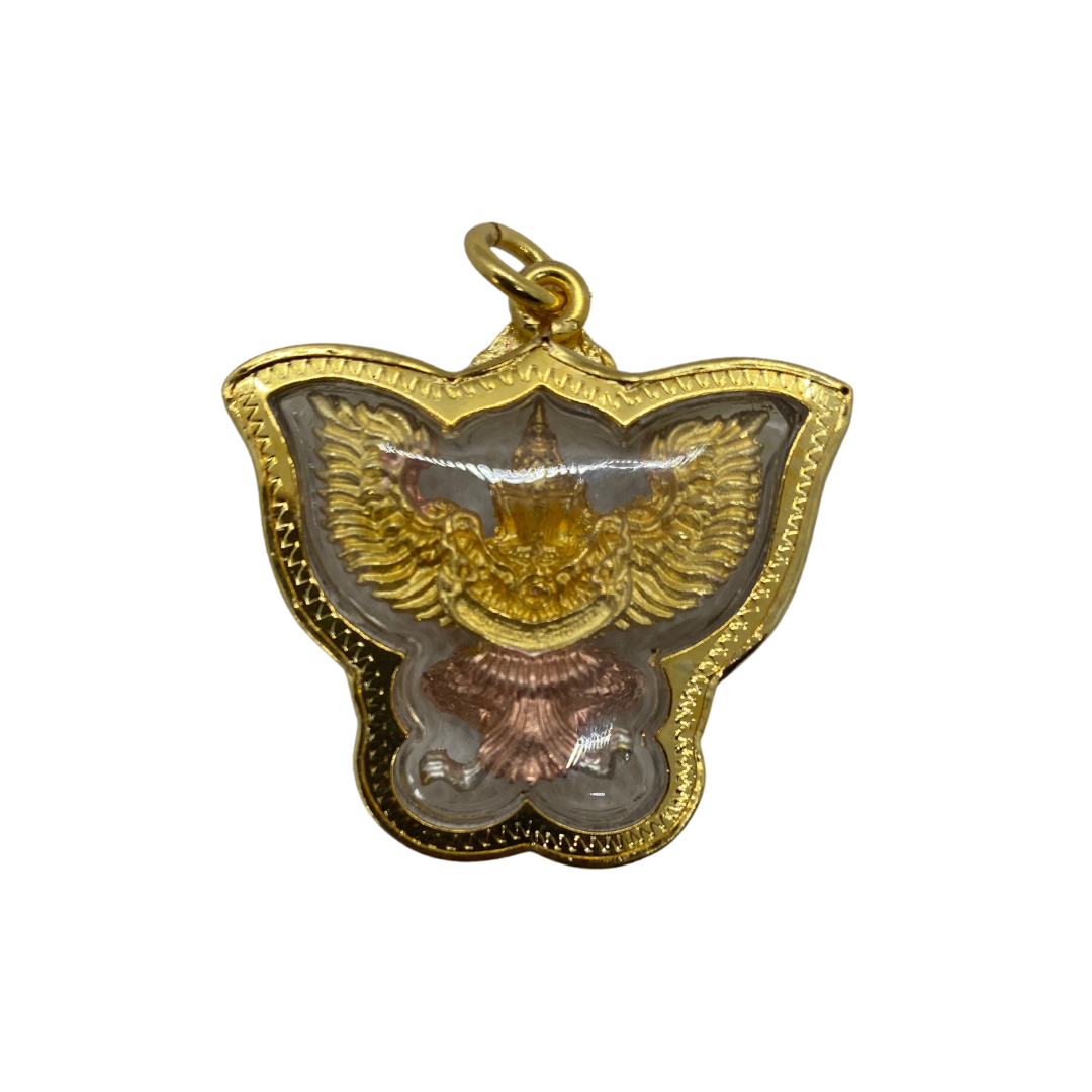 Amulette Thaï en verre Garuda couleur or, argent et rose doré