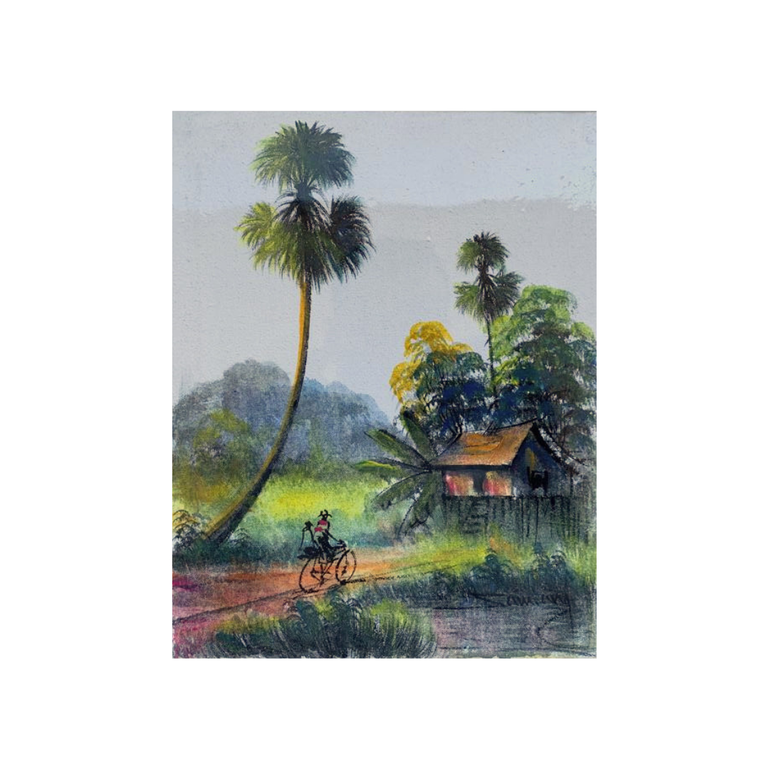 Peinture sur Toile "Harmonie au Cambodge : Scène à l'Orée de la Forêt" 20x25cm