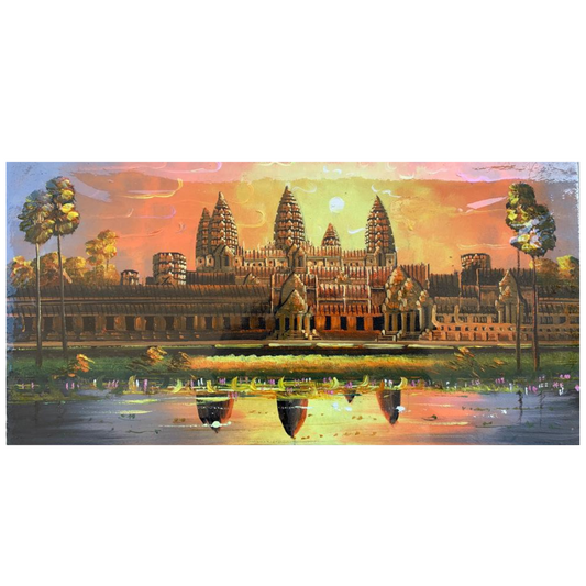 Peinture sur Toile "Lumière de l'aurore à Angkor Wat" 40x20cm