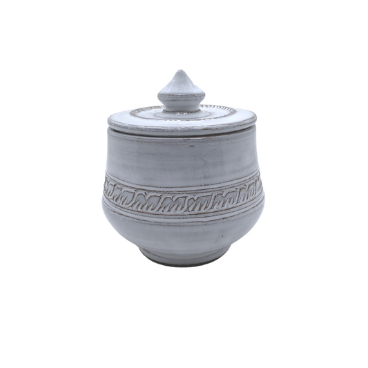 Pot à sucre "Davy" avec son couvercle à motifs en céramique du Cambodge fait à la main couleur blanche