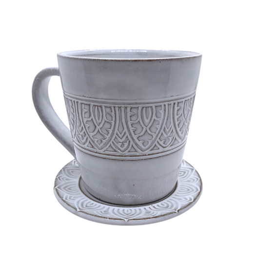 Tasse "Kampot" avec sa coupelle en céramique du Cambodge fait à la main couleur blanche