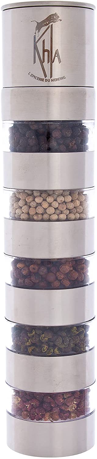 COFFRET Moulin du Mékong (Poivres de Kampot noir 20g - rouge 20g - blanc 20g - Poivres de Sichuan : rouge - 20g - vert 20g)