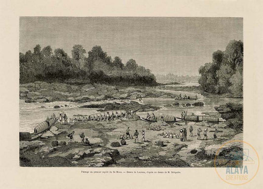 Illustration d'archives du Cambodge - Passage du premier rapide du Se Moun Format A3 par Alaya Créations