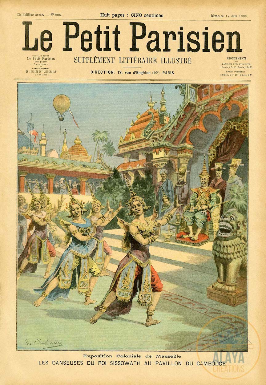 Illustration d'archives du Cambodge - Les danseuses du Roi Sissowath au Pavillon du Cambodge Format A3 par Alaya Créations