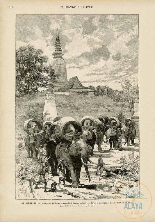 Illustration d'archives du Cambodge - La caravane de chasse du protectorat français Format A3 par Alaya Créations