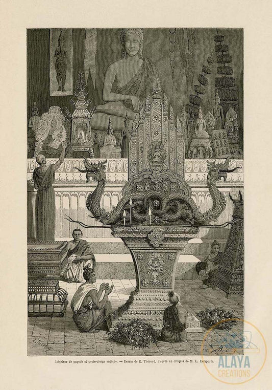 Illustration d'archives du Cambodge - Intérieur de pagode et porte-cierge antique Format A3 par Alaya Créations