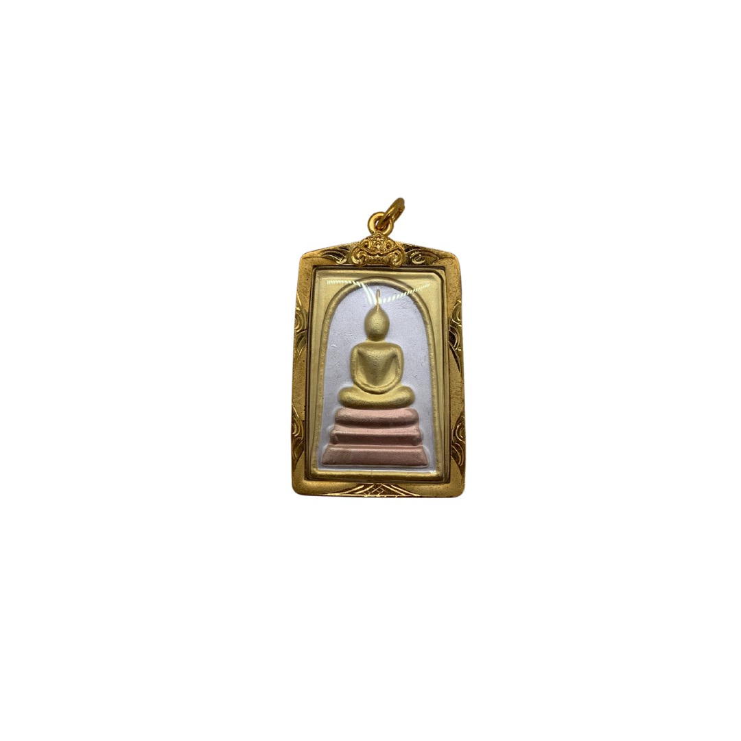 Grande Amulette Thaï en verre Bouddha position Dhyani mudra couleur doré bronze et argent