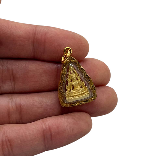 Amulette Thaï en verre Bouddha posture Mudra couleur doré