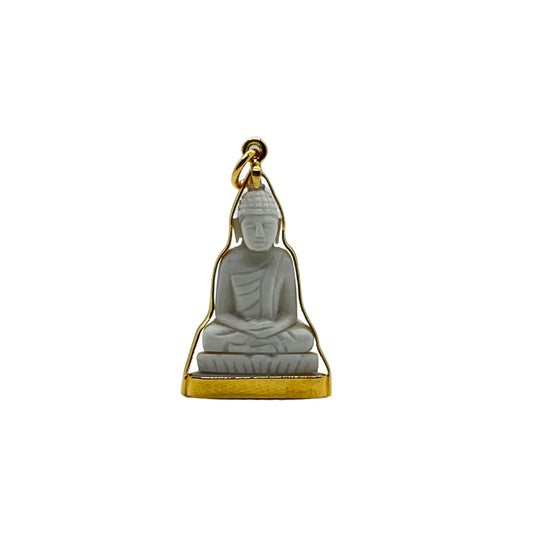 Grand Pendentif Bouddha en posture Dhyana Mudra style Ivoire et serti en argent doré