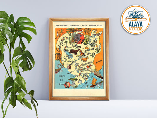 Illustration d'archives du Cambodge - Ancienne Carte de la faune et flore Format A3 par Alaya Créations