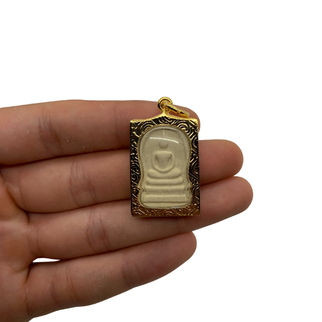 Moyenne amulette Thaï en verre Bouddha Sothon couleur doré et blanc