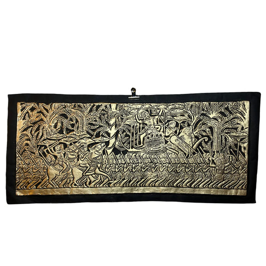 Peinture du Cambodge sur papier en relief Angkor Wat Guerriers Doré sur fond Noir