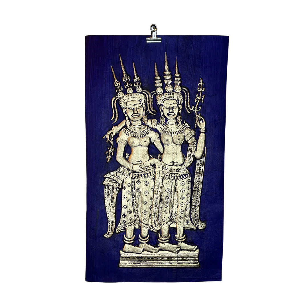 Peinture du Cambodge sur papier en relief Deux danseuses Apsara