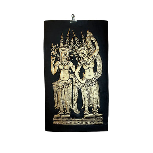 Peinture du Cambodge sur papier en relief Deux danseuses Apsara