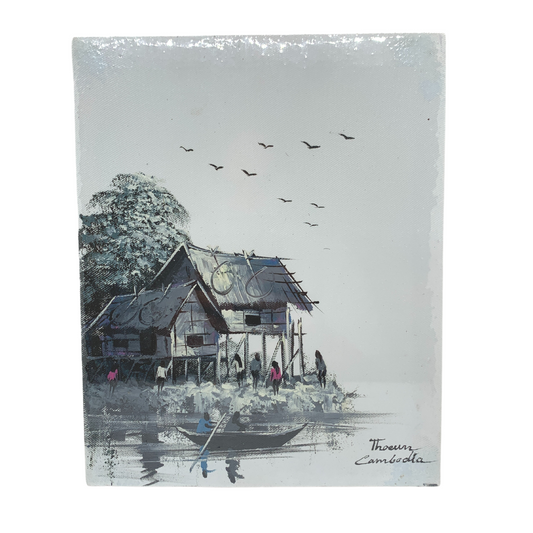 Peinture sur toile "Scène de vie au Tonle Sap" 20x25 cm