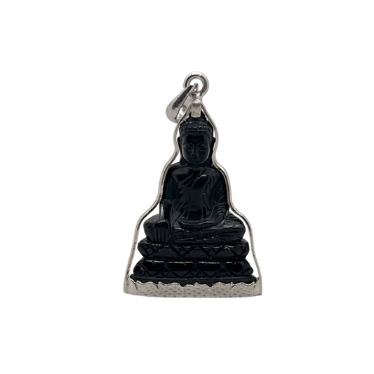 Pendentif Bouddha en posture Bhumisparsa Mudra Onyx et Argent