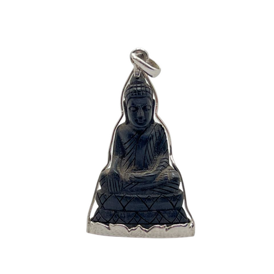 Grand Pendentif Bouddha en posture Bhumisparsha mudra en Argent et bois