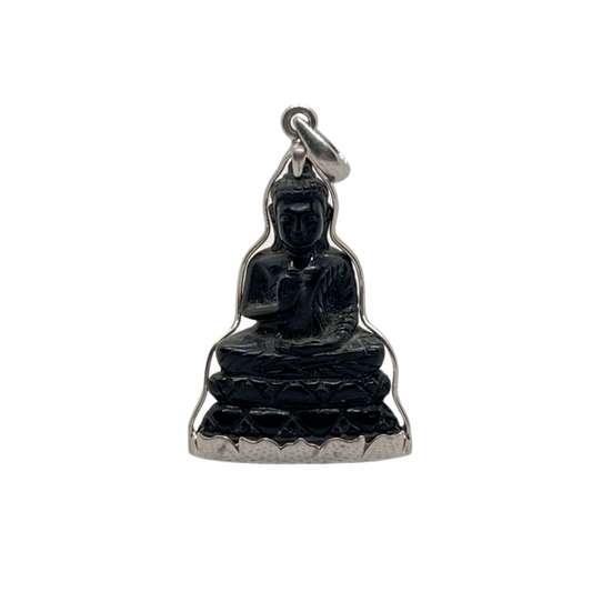 Pendentif Bouddha en posture Vitarka Mudra Onyx et Argent