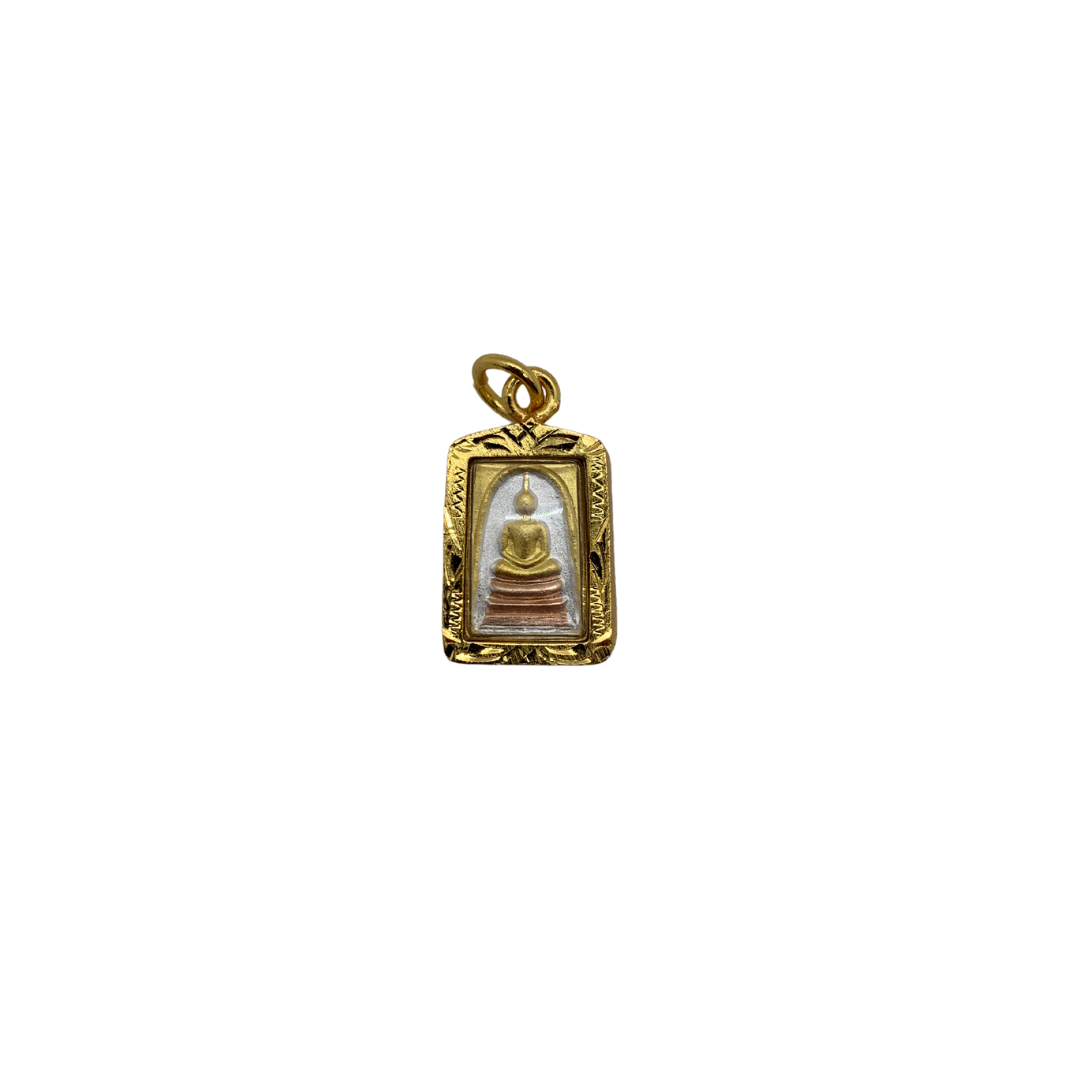 Petite amulette Thaï en verre Bouddha position Dhyani mudra couleur doré bronze et argent