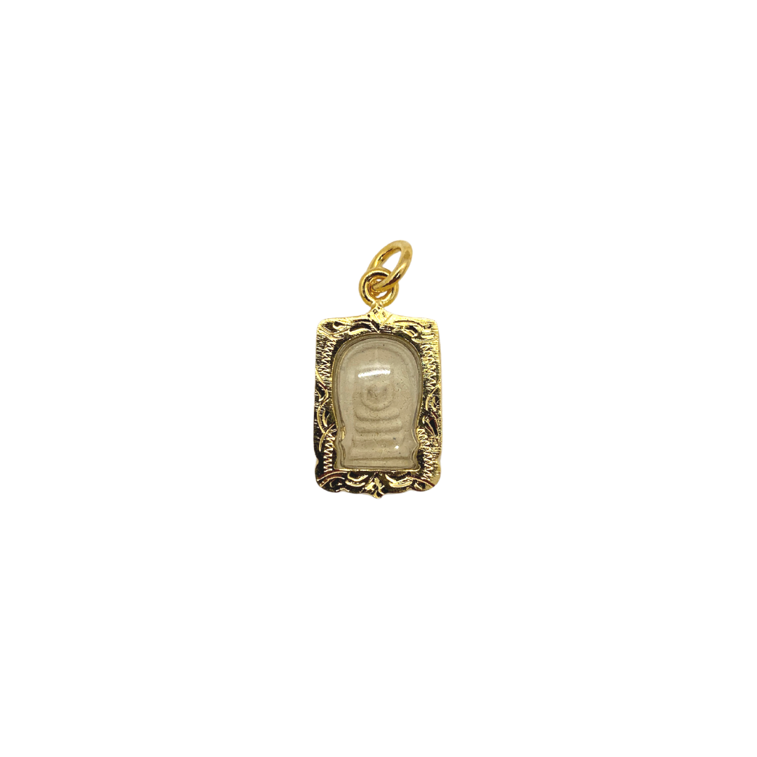 Petite amulette Thaï en verre Bouddha position Dhyani mudra couleur doré et blanc