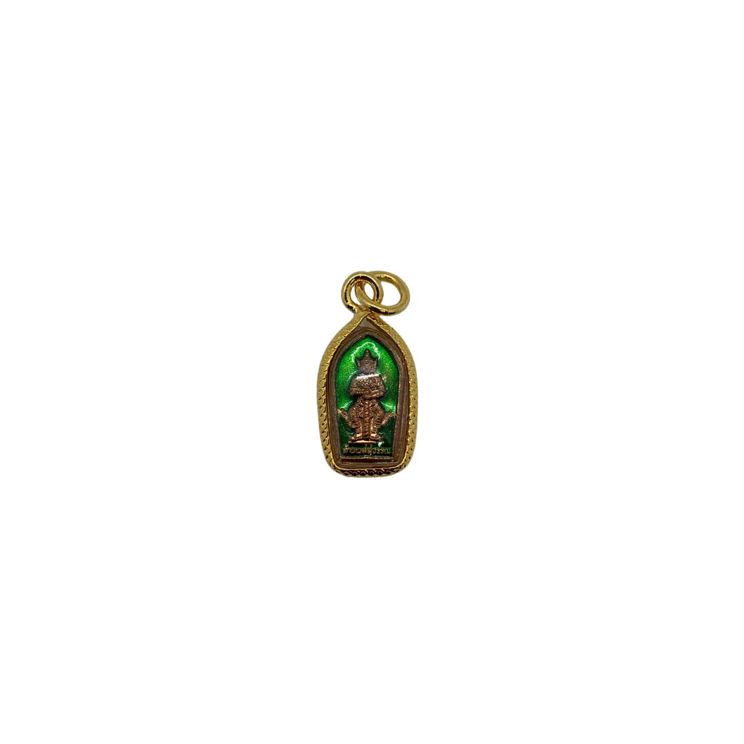 Petite amulette Thaï en verre dieu des géants Yeak couleur vert, bronze et doré