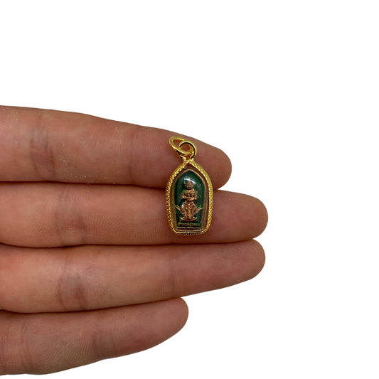 Petite amulette Thaï en verre dieu des géants Yeak couleur vert, bronze et doré