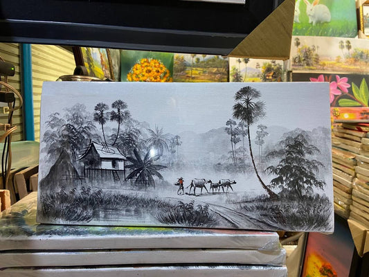 Tableau Village rural Agriculteur et ces deux vaches 40 x 20 cm Noir et Blanc (avec châssis)