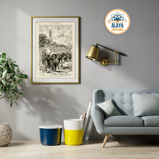 Illustration d'archives du Cambodge - La caravane de chasse du protectorat français Format A3 par Alaya Créations